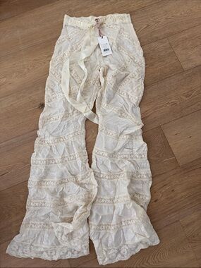 LoveShackFancy Neliana Cream boho festival lace Tiered Boho Palazzo Pants 00